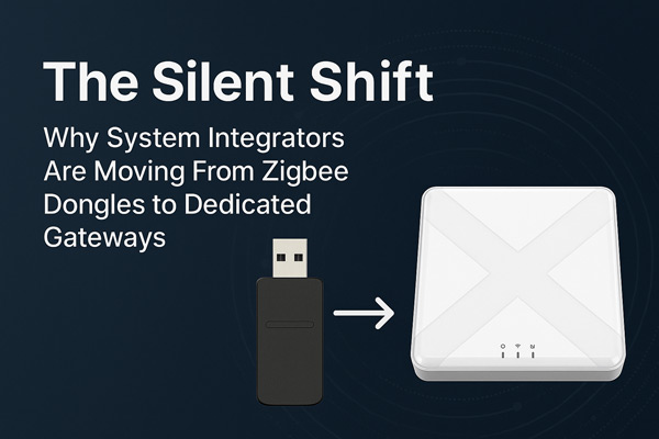 a simple Zigbee USB dongle next to a robust dedicated gateway, illustrating the evolution from development tool to commercial-grade solution for system integrators.