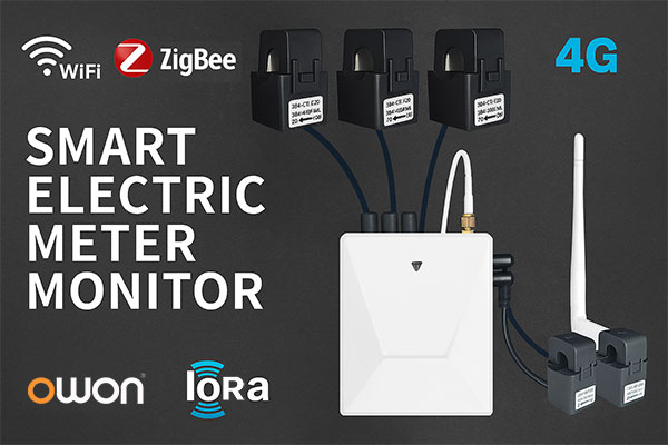 A smart electric meter monitor with multi-protocol wireless support—WiFi, Zigbee, LoRa, and 4G—equipped with clamp-on CT sensors for residential and commercial energy monitoring.