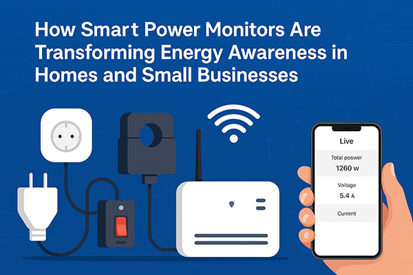 A smart power monitoring setup featuring a plug-in monitor, clamp sensor, wireless gateway, and smartphone energy dashboard, illustrating how IoT devices improve real-time electricity visibility for homes and small businesses.