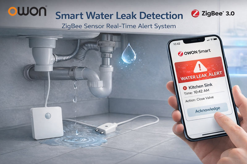 zigbee water leak sensor detecting water leak under sink with smartphone alert notification