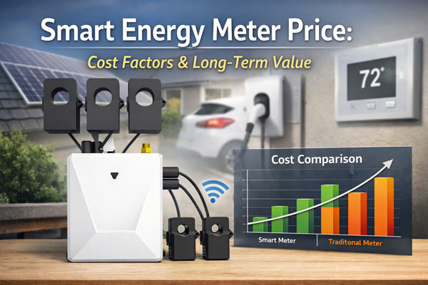 Smart energy meter installed in a modern home with EV charger and HVAC system, illustrating price comparison and long-term energy value