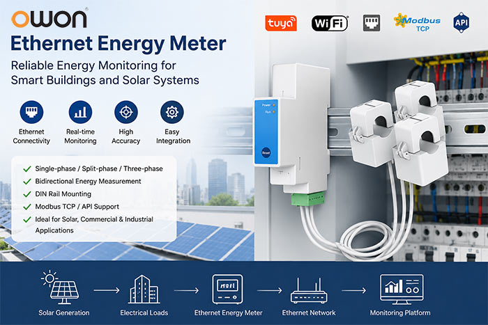 ethernet energy meter installed in an electrical panel for smart energy monitoring