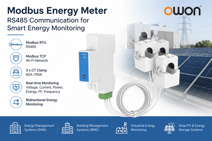 Modbus energy meter PC4713 with RS485 Modbus communication and CT clamp measurement for EMS, BMS, solar PV, and industrial energy monitoring