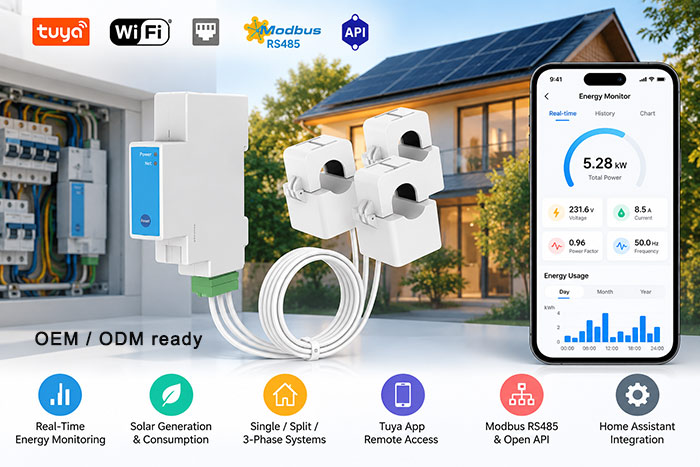 Tuya smart energy meter OWON PC4713 with three CT clamps, WiFi connectivity, solar energy monitoring and Home Assistant integration