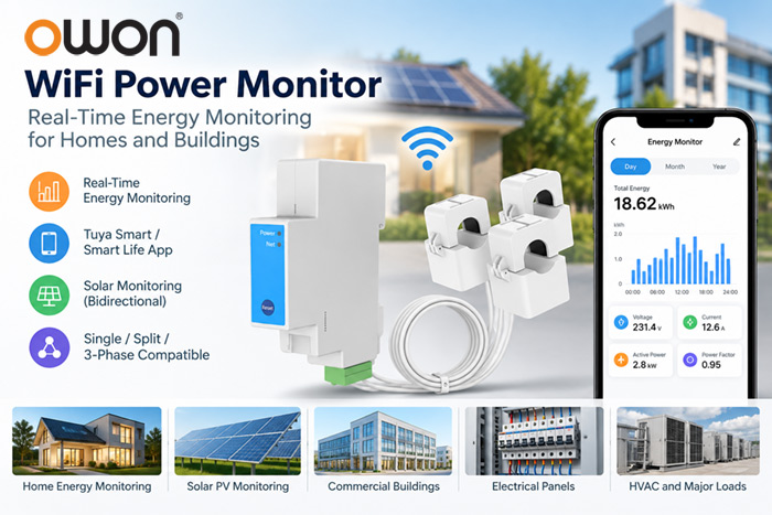 WiFi power monitor with CT clamps for real-time home, solar and 3-phase energy monitoring